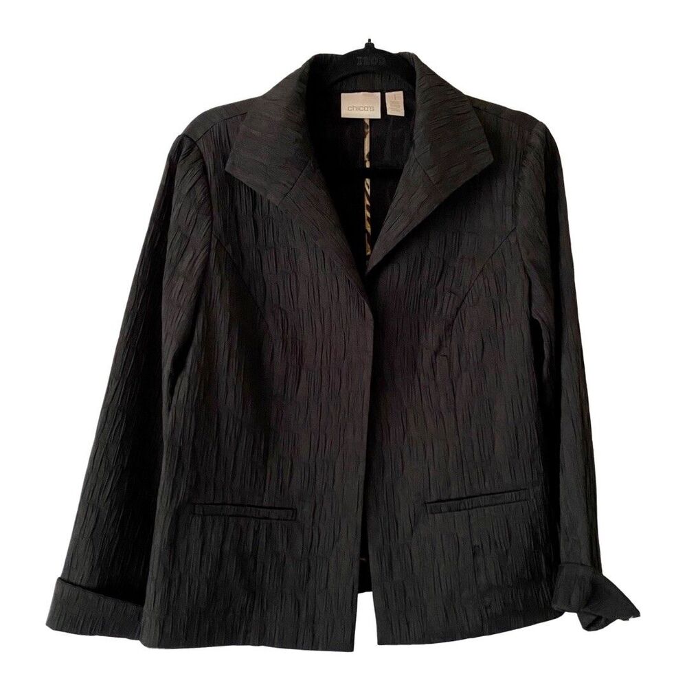 Chico's Womens Stretch Black Blazer Open Front Career Event Satiny Size 1 (8/10)